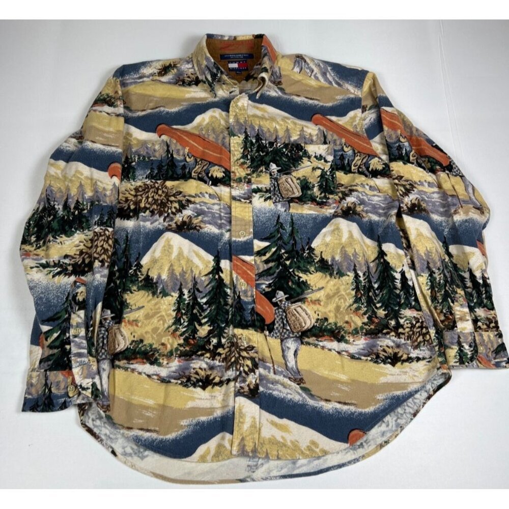 VTG Tommy Hilfiger Men M Multicolor All Over Canoe Print Flannel Shirt Outdoor